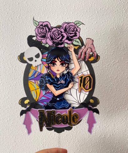 cake topper Merlina personalizado madera o cartulina nombre Halloween