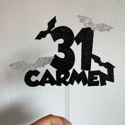 cake topper murciélagos personalizado nombre evento Halloween